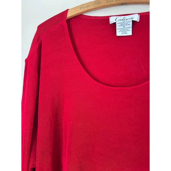 Vintage Calison Women's 1X Red Ribbed Scoop Neck 3/4 Sleeve Top Holiday Glam - Picture 3 of 7